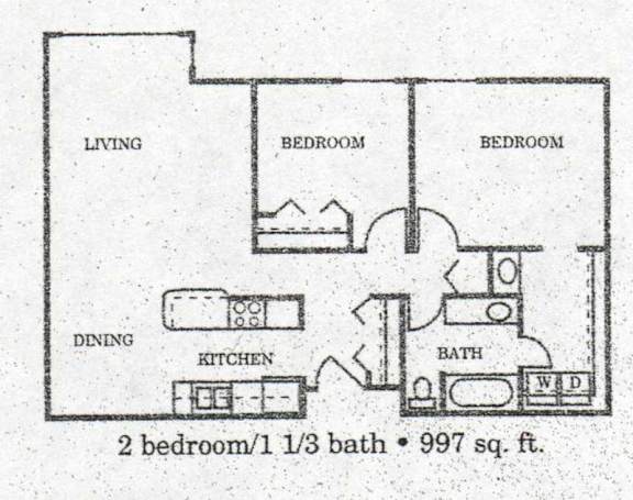 A black and white image of a floor plan for a 997 sq. ft. apartment with two bedrooms, one bathroom, a living room, and a kitchen.