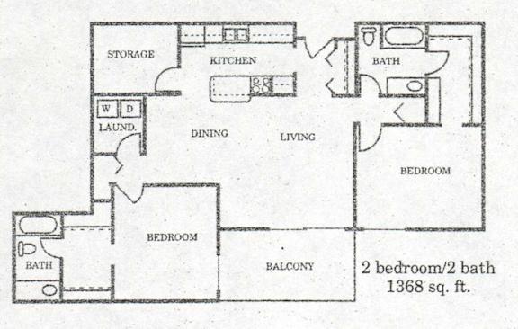 A floor plan of a house with two bedrooms and two bathrooms.