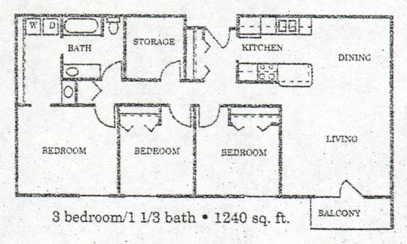 A floor plan of a 1240 sq ft home with three bedrooms and one and a half baths.