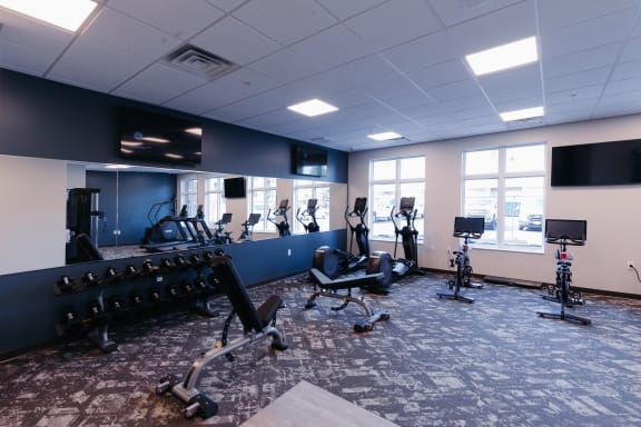 a fitness room with weights and cardio machines and a large window