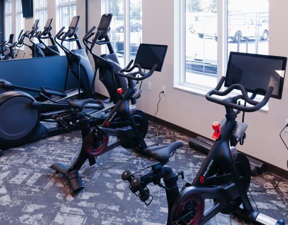 a row of exercise bikes in a gym