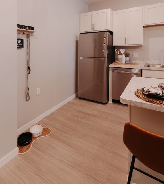 a kitchen with a stainless steel refrigerator and a counter top with a bowl of food