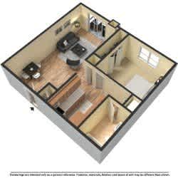A 3D floor plan of a house with a living room, kitchen, and two bedrooms.