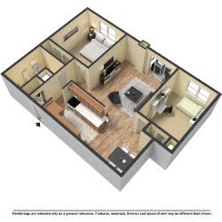 A 3D floor plan of a house with a living room, kitchen, and two bedrooms.