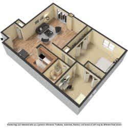 A 3D floor plan of a house with a living room, kitchen, dining room, and bedrooms.