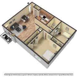 A 3D image of a house layout with a kitchen, living room, dining room, and two bedrooms.