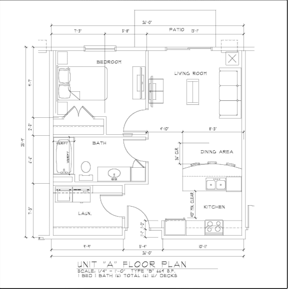 1 bed 1 bath 664 sq ft
