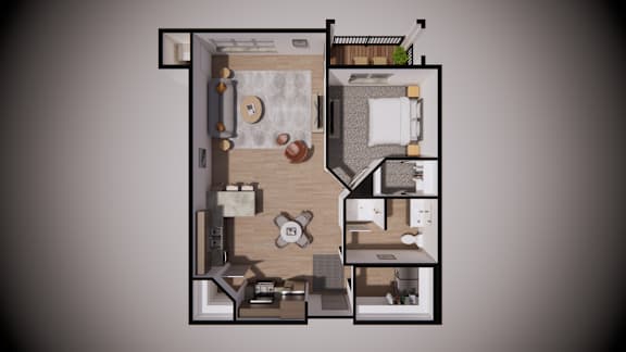 A floor plan of a small apartment with a kitchen, living room, and bathroom.