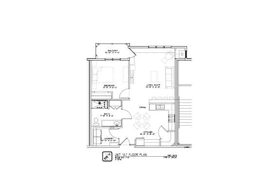 A floor plan of a house with a kitchen, living room, and two bedrooms.