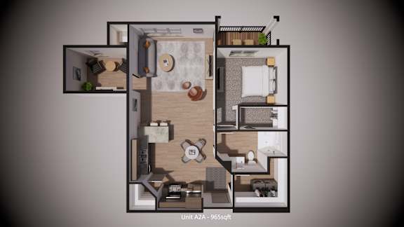 A 3D rendered image of a floor plan for a residential unit.