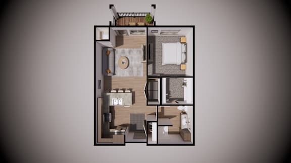 A 3D floor plan of a house with a kitchen, living room, and bathroom.