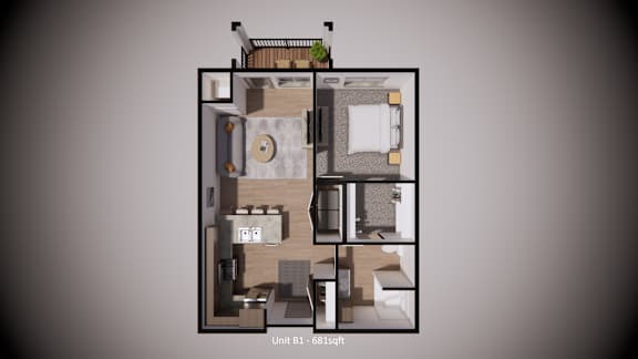 A diagram of a small apartment layout with a kitchen, living room, and bathroom.