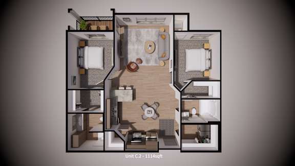 A 3D rendered image of a floor plan for Unit C2 118sqft.