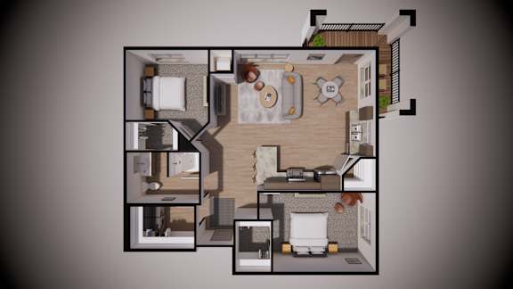A 3D rendered image of a house layout.