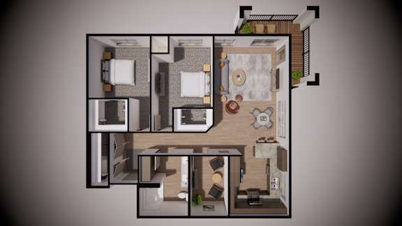 A 3D floor plan of a house with multiple rooms and furniture.
