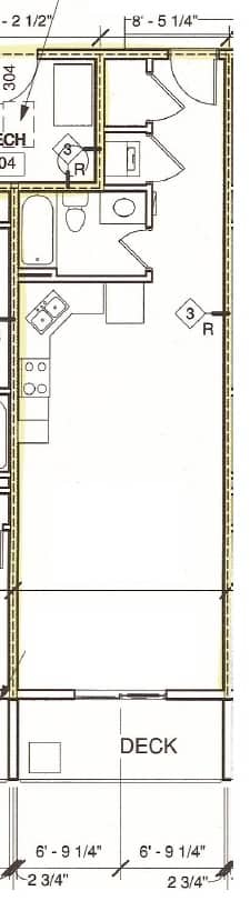 A floor plan shows a room with a kitchen area, a bathroom, and a deck.