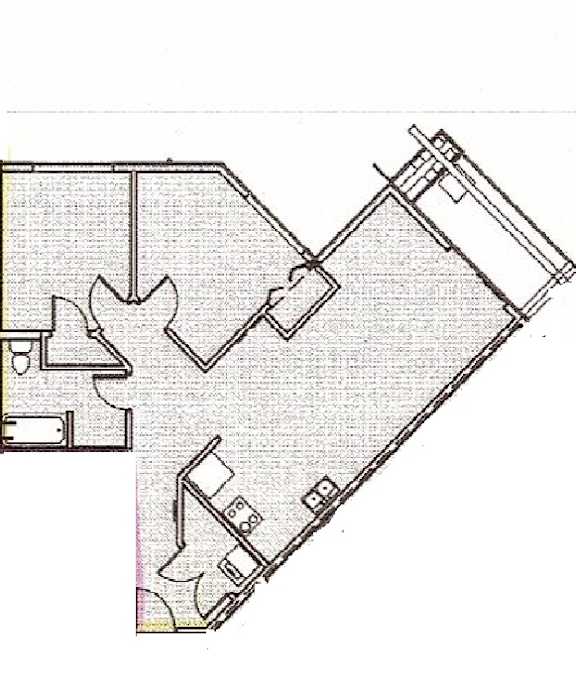 A floor plan of a building with a kitchen, living room, and two bedrooms.