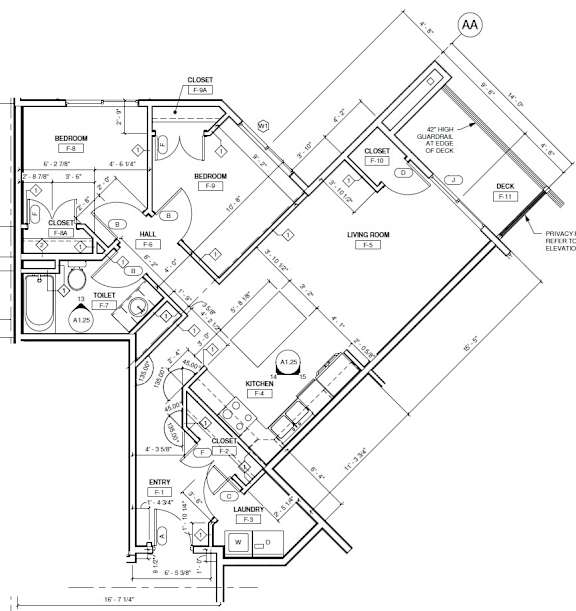A detailed architectural drawing of a house plan with labeled rooms and measurements.