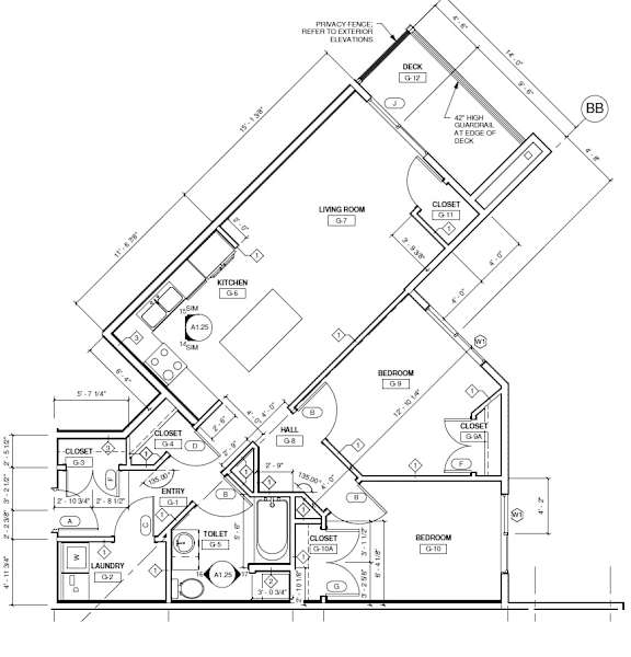 A floor plan of a house with a living room, kitchen, two bedrooms and a bathroom.