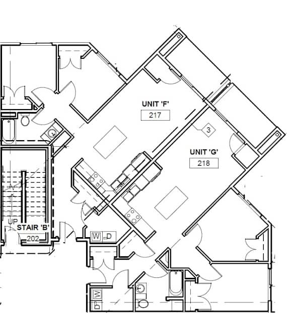 A black and white image of a floor plan for a building with two units and a staircase.
