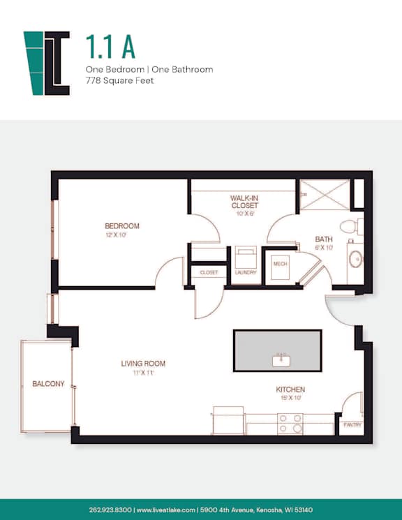 A floor plan of a one bedroom, one bathroom apartment.