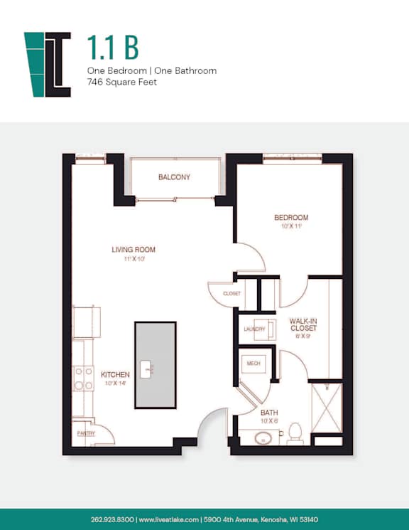 A floor plan of a 1.1 B apartment with one bedroom and one bathroom.