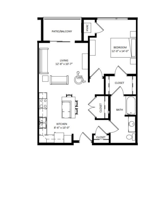 1 Bedroom A2 ADA Floor Plan at Two Points Crossing, Madison, WI