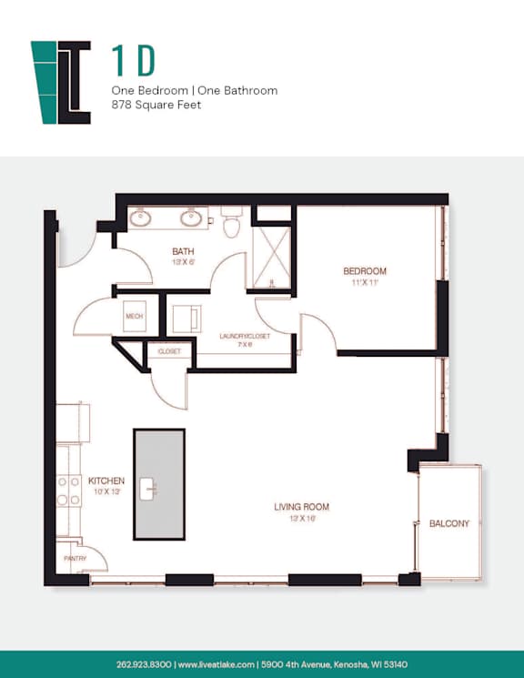 A floor plan of a 1D apartment with one bedroom and one bathroom.