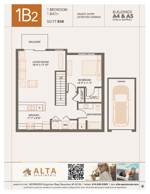 1B2 Floorplan at Alta Apartments, Pewaukee, 53186