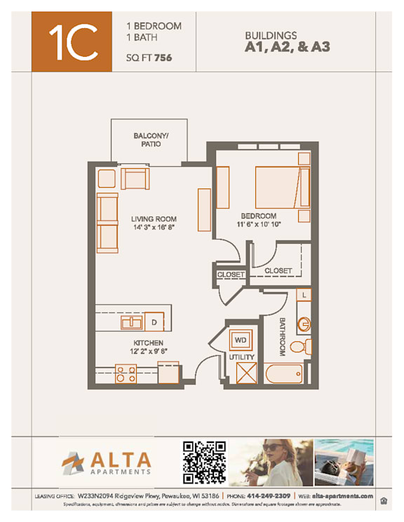 1C Floorplan at Alta Apartments, Pewaukee, Wisconsin