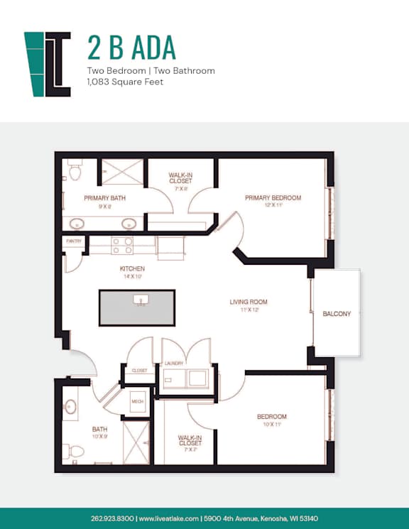 A floor plan for a 2 B ADA property with two bedrooms and two bathrooms.