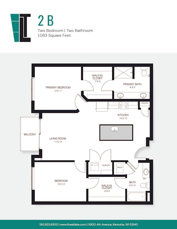 A floor plan of a 2 Bedroom, Two Bathroom apartment.