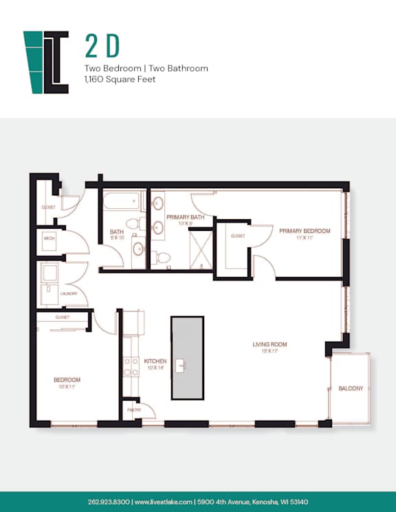 A floor plan of a 2D apartment with two bedrooms and two bathrooms.