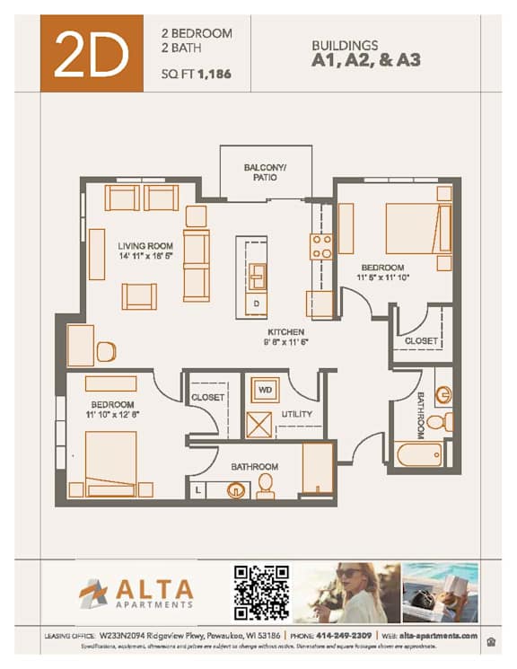2D Floorplan at Alta Apartments, Pewaukee, Wisconsin