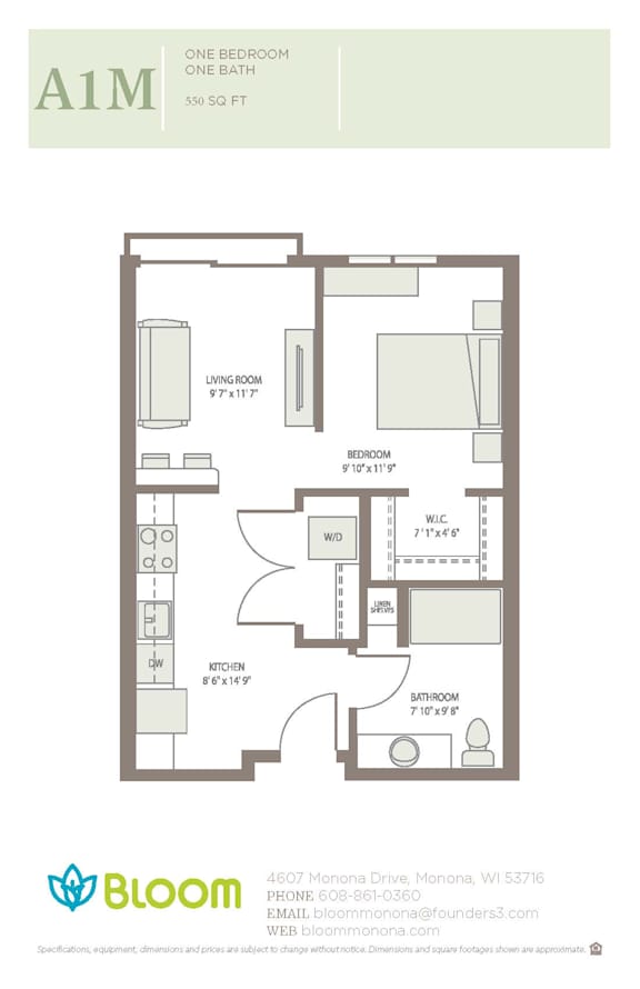 1 Bed Floorplan at Bloom, Monona, Wisconsin