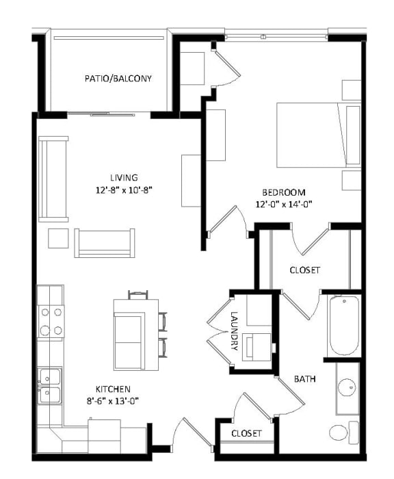 1 Bedroom A2 Floor Plan at Two Points Crossing, Madison, Wisconsin