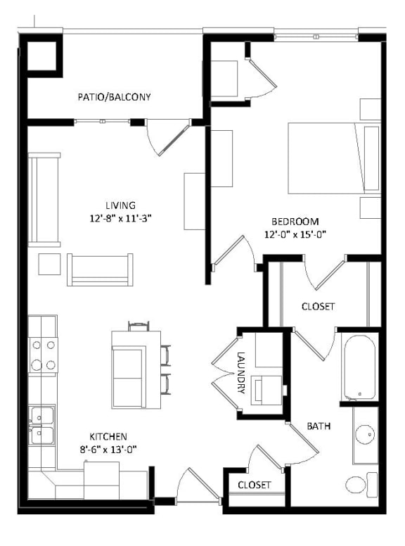 1 Bedroom A3 Floor Plan at Two Points Crossing, Madison