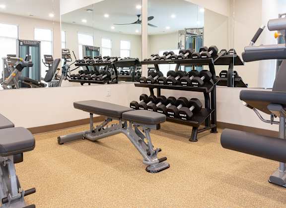 Fitness Center With Free Weights at Alta Apartments, Pewaukee