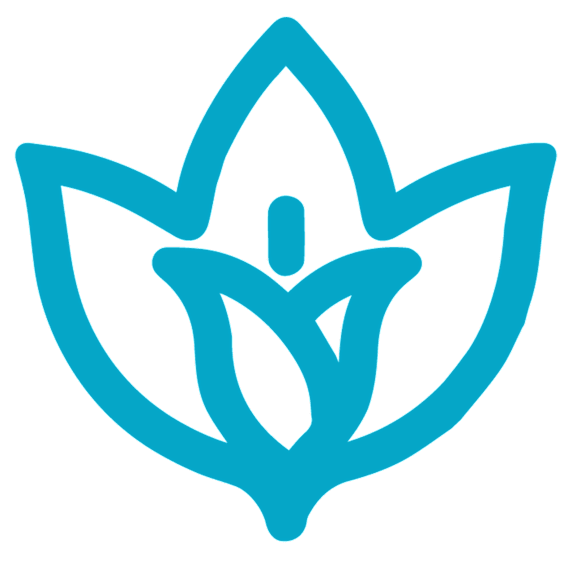 A blue lotus flower logo on a black background.