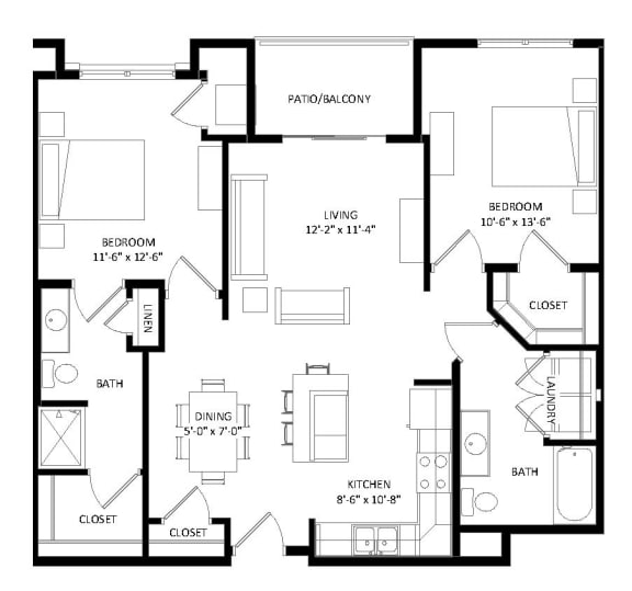Floor Plan  2 Bedroom E ADA Floor Plan at Two Points Crossing, Madison, WI, 53593