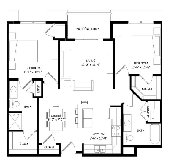 2 Bedroom E SIM Floor Plan at Two Points Crossing, Madison, WI