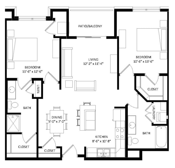 2 Bedroom E Floor Plan at Two Points Crossing, Madison, WI