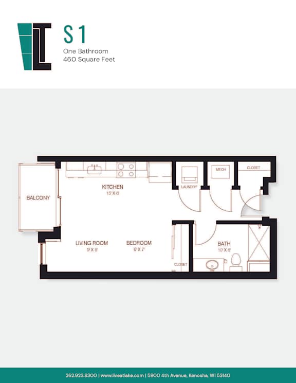 A floor plan of a one-bedroom apartment with a bathroom, kitchen, living room, bedroom, and balcony.