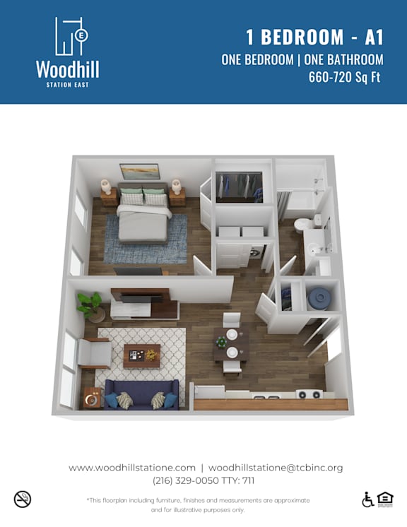 A floor plan of a one bedroom apartment with a living room, kitchen, and bathroom.