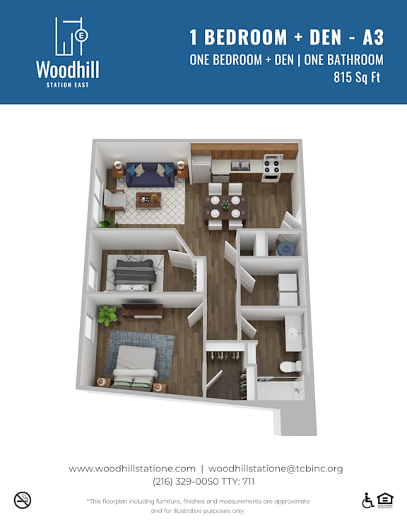 A floor plan for a 1 bedroom + den apartment at Woodhill Station East.