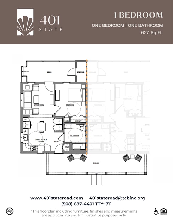 A floor plan for a 1 bedroom apartment sized at 627 square feet.