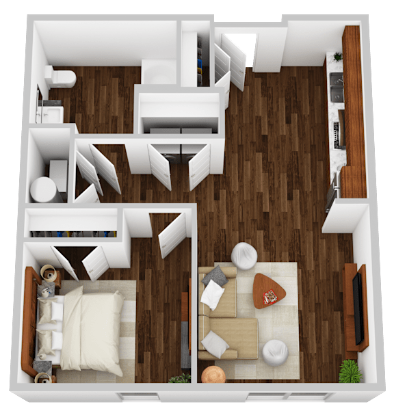 A top down view of a living room with a couch, coffee table, and television.