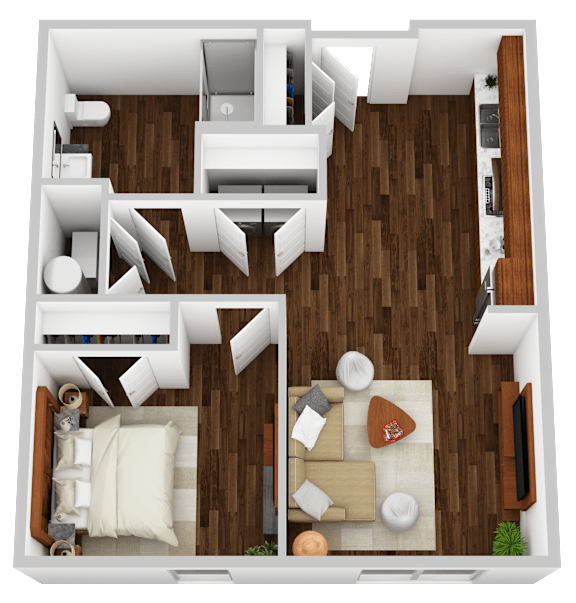 A top-down view of a small apartment with a living room, kitchen, and bedroom.