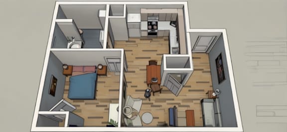 A drawing of a house with a kitchen, living room, and two bedrooms.