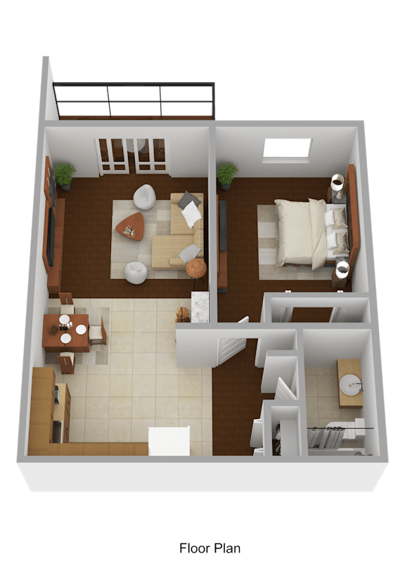 A floor plan of a house with two bedrooms, a living room, a kitchen, and a bathroom.